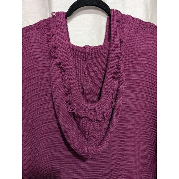 Hooded Pullover Ribbed Sweater Fringe Trimmed V-Neck Hoodie Cotton Blend Tunic - Picture 13 of 16